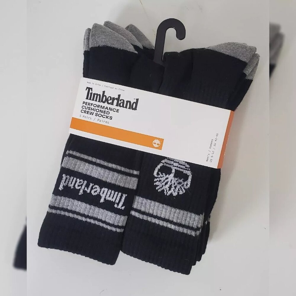 TIMBERLAND PERFORMANCE CUSHIONED CREW SOCKS MEN'S 5 PAIRS BLACK SIZE 9-12